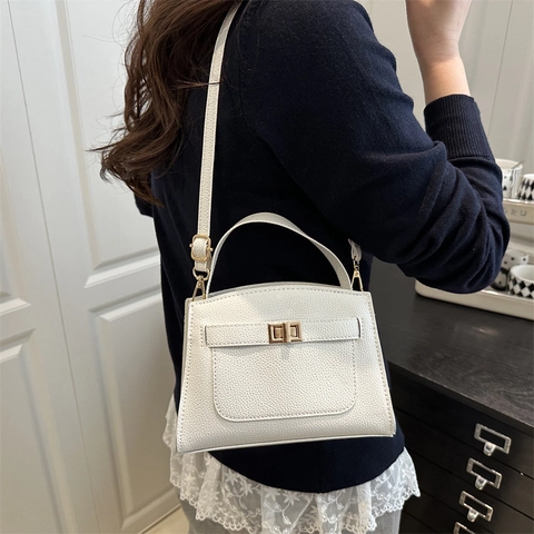 Bolso de Hombro para Mujer de Cuero de PU a la Moda Estilo Kelly Bolso de Mano con Cierre de Giro Dorado Color Sólido