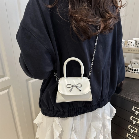 Women PU Leather Bowknot Small Square Bag Elegant Silver Chain Mini Shoulder Bag Bow Decor Crossbody Tote Handbag Daily Purse