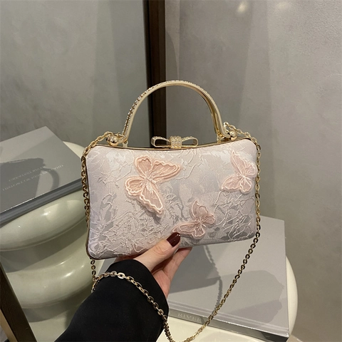 Women Butterfly Embroidery Evening Bag Vintage Lace Crossbody Shoulder Bag With Metal Handle Rhinestone Chain Purse Party Wedding