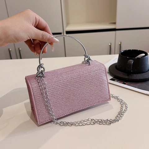Luxury Sequin Evening Bag For Women Metallic Handle Square Shoulder Bag Glitter PU Crossbody Handbag For Party Wedding