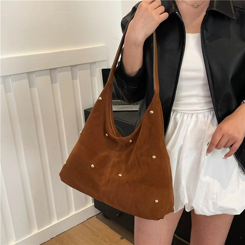 Damen Große Kapazität Niete Tote Bag PU Leder Wildleder Samt Textur Hobo Umhängetasche Pendler Mode Handtasche