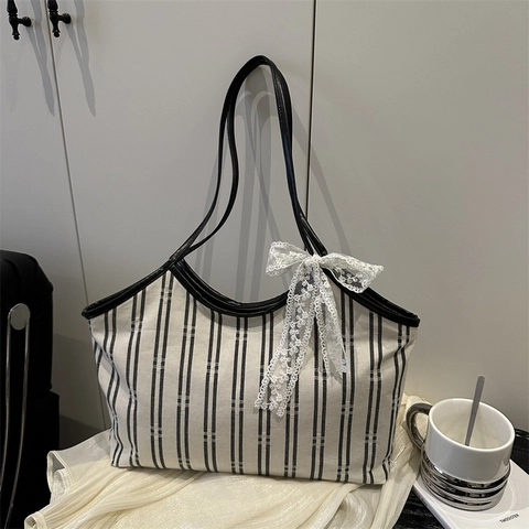 Borsa Tote in Tela a Righe Stile Coreano Grande Capacità Borsa a Spalla Donna Con Fiocco in Pizzo Moda PU Borsa Pendolare