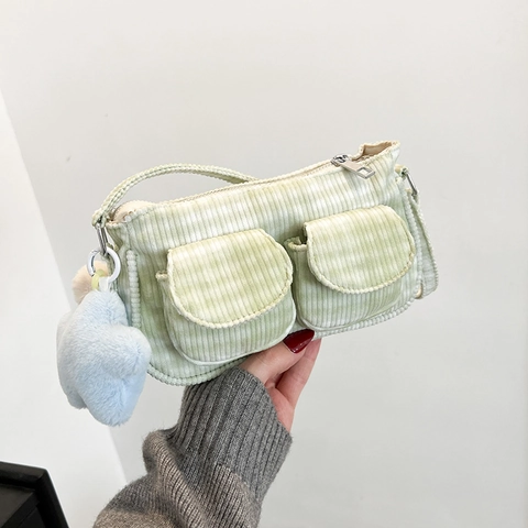 Women Vintage Corduroy Plaid Shoulder Bag Sweet Double Pocket Underarm Bag Casual Grid Striped Handbag School Commuting Travel Hobo Bag