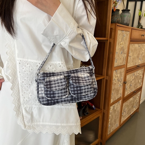 Women Vintage Corduroy Plaid Shoulder Bag Sweet Double Pocket Underarm Bag Casual Grid Striped Handbag School Commuting Travel Hobo Bag