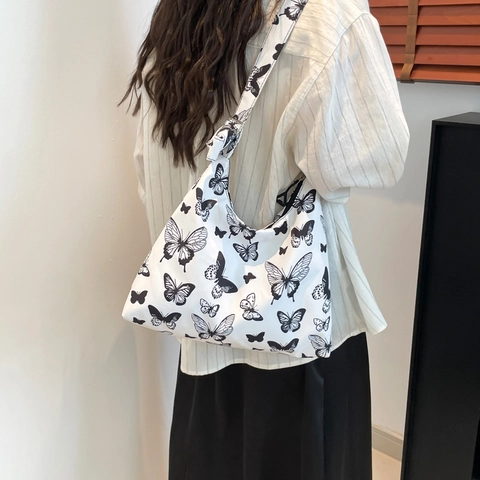 Damen Canvas Tote Bag Schmetterling Punkte Druck Große Kapazität Lässige Umhängetasche Blumen Erdbeere Oxford Handtasche