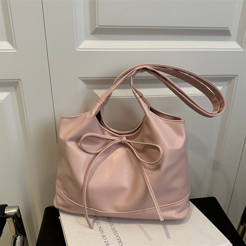 Bolso de Hombro Tote de Cuero PU Casual con Lazo para Mujer Moda Color Sólido Viaje Diario Minimalista Gran Capacidad