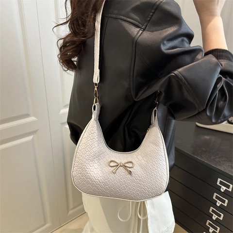 Borsa Sottoascellare Design Fiocco Francese Motivo Intrecciato Donna Pelle PU Elegante Borsa a Spalla Hobo Chic