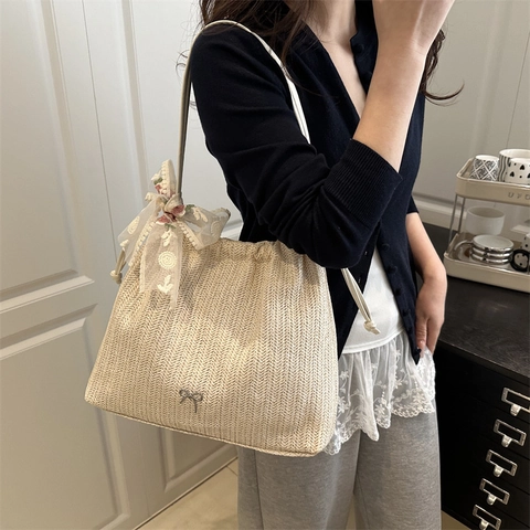 Borsa Tote da Donna in Paglia Intrecciata Ricamo Floreale Fiocco in Pizzo Borsa a Spalla Grande Capacità Estate Spiaggia Casual