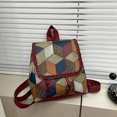 Women Fashion PU Leather Geometric Patchwork Backpack Urban Retro Large Capacity Flap Backpack For Daily Commute Work School