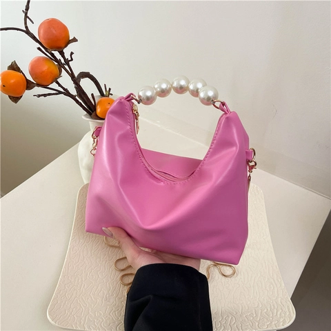 Elegante PU Leder Hobo Umhängetasche Für Damen Große Künstliche Perle Griff Goldene Kette Mode Handtasche Party Abendtasche