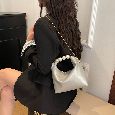 Sac à Épaule Hobo Élégant en Cuir PU pour Femmes Anse en Perle Artificielle Grande Chaîne Dorée Sac à Main Mode Soirée