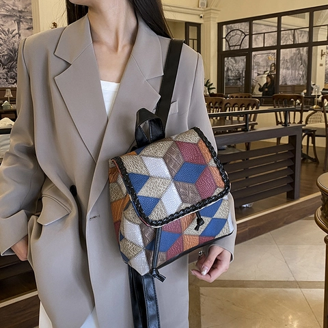 Women Fashion PU Leather Geometric Patchwork Backpack Urban Retro Large Capacity Flap Backpack For Daily Commute Work School