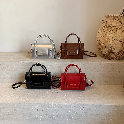 Fashion Women Glossy PU Leather Small Square Crossbody Bag Vintage Letter Print Handbag Ladies Shoulder Daily Commuting Bag
