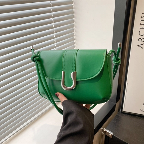 Fashion Women PU Leather Underarm Bag Retro Solid Color Shoulder Bag With U-Shaped Metal Buckle Knotted Strap Crossbody Bag