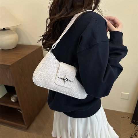 Borsa a Tracolla Sottobraccio da Donna in Pelle PU Moda Trama Intrecciata Vintage Fibbia a Stella Tinta Unita Borsa a Mano per Pendolari
