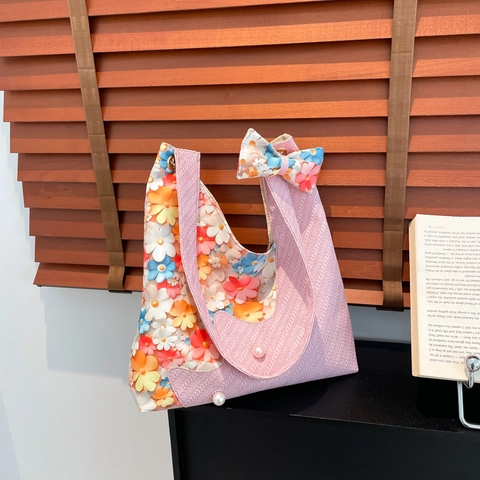Borsa Tote Patchwork Floreale Pastorale Grande Capacità in PU e Tela Borsa a Spalla Con Perla Artificiale e Fiocco per Donna