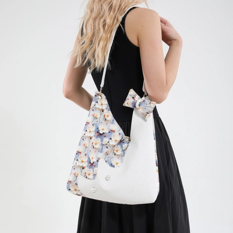 Borsa Tote Patchwork Floreale Pastorale Grande Capacità in PU e Tela Borsa a Spalla Con Perla Artificiale e Fiocco per Donna