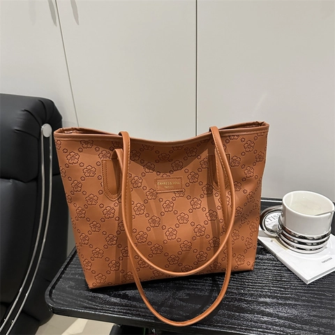 Minimalist Floral Embossed PU Leather Tote Bag For Women Large Capacity Casual Commuting Shoulder Bag With Flower Pattern