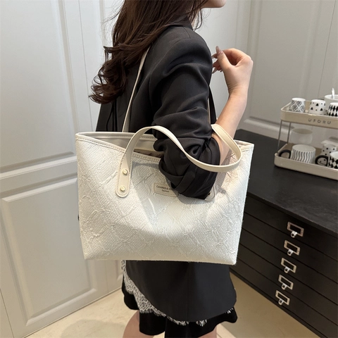 Borsa Tote da Donna in Pelle PU a Grande Capacità Con Motivo a Rombi e Ricamo Floreale Borsa a Tracolla Casual Alla Moda
