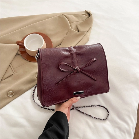 Korean Fashion Bowknot PU Leather Shoulder Bag Large Capacity Chain Strap Underarm Crossbody Bag For Women Minimalist Bag