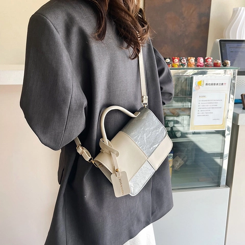 Koreanische Mode Patchwork Kontrastfarbe Kleine Quadratische Tasche Für Damen Trendige PU-Leder Schulter Umhängetasche Groß