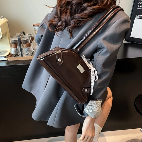 Bolso de Axila de Cuero PU de Gran Capacidad Estilo Coreano con Lazo para Mujer Bolso de Hombro Brillante Moda