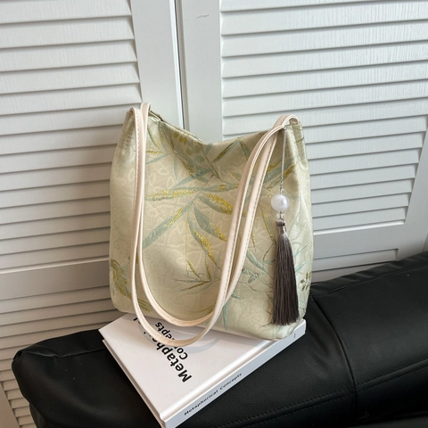 Neue Chinesische Stil PU Jacquard Bedruckte Umhängetasche Für Damen Sanfte Vintage Blumen Bambus Muster Große Kapazität Tote Bag Mit Quaste