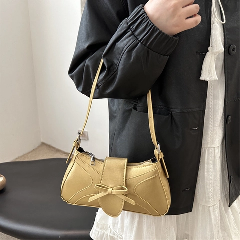 Bolso de Axila de Cuero PU para Mujer con Lazo Color Sólido Retro Gran Capacidad Bolso de Hombro Chic Bolso de Mano de Viaje