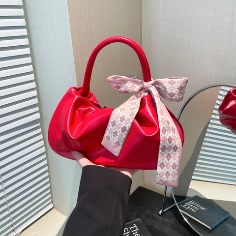 Bolso de Axila de Cuero PU Fruncido de Moda para Mujer Estilo Francés Color Sólido Bolso de Hombres Con Decoración de Pañuelo de Seda