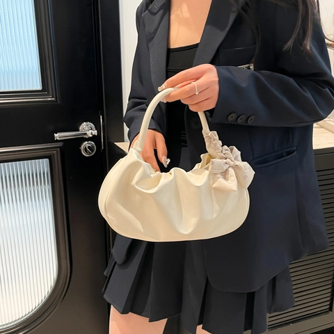 Bolso de Axila de Cuero PU Fruncido de Moda para Mujer Estilo Francés Color Sólido Bolso de Hombres Con Decoración de Pañuelo de Seda