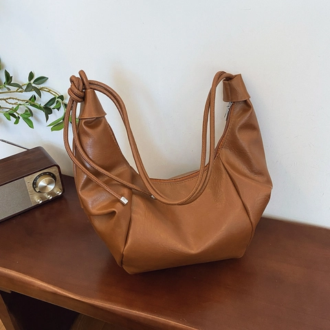 Vintage PU Leather Large Capacity Hobo Bag For Women Half Moon Pleated Underarm Shoulder Bag With Knot Strap Casual Tote