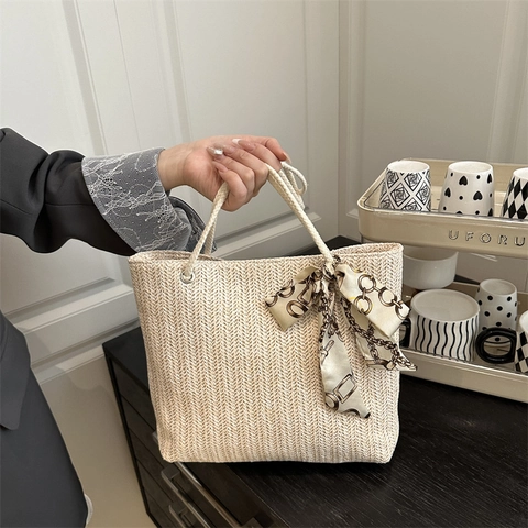 Zomer Stro Geweven Tote Bag Voor Vrouwen Grote Capaciteit Strand Schoudertas Met Mode Bedrukte Sjaal Decoratie Casual Handtas