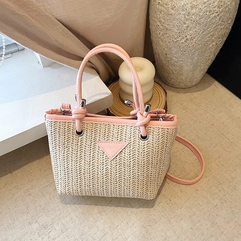 Damen Gewebte Stroh Eimertasche Mit PU Leder Patchwork Kontrastfarbe Mode Schultertasche Tragetasche Für Sommer Urlaub Strand