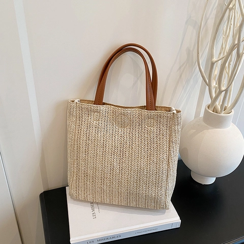 Damen Mode Stroh Tragetasche Große Kapazität Zickzack Muster Handtasche Mit PU Ledergriff Urban Minimalistisch Schultertasche