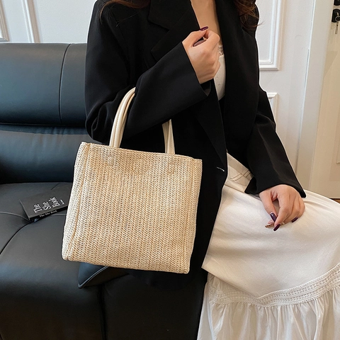 Damen Mode Stroh Tragetasche Große Kapazität Zickzack Muster Handtasche Mit PU Ledergriff Urban Minimalistisch Schultertasche