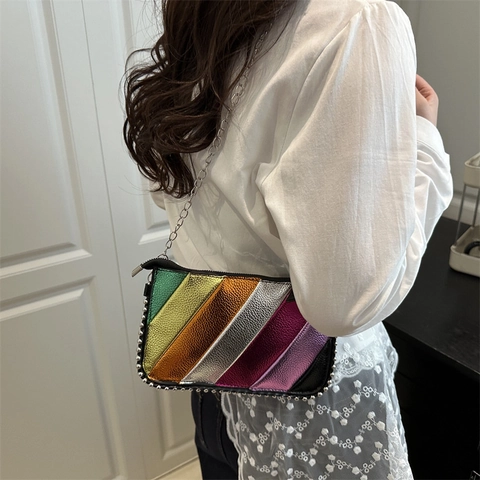 Women Rainbow Metallic PU Leather Shoulder Bag Fashion Striped Chain Crossbody Bag With Beaded Edges Modern Chic Party Small Square Bag