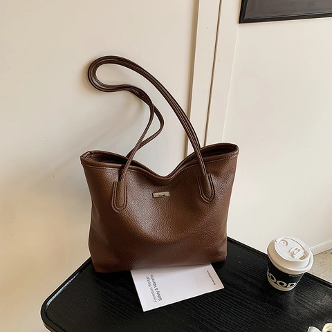 Large Capacity PU Leather Tote Bag For Women Minimalist Solid Color Shoulder Bag For Office Commute Urban Simple Handbag