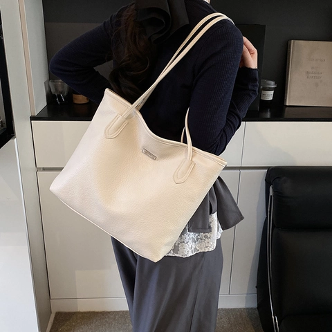 Large Capacity PU Leather Tote Bag For Women Minimalist Solid Color Shoulder Bag For Office Commute Urban Simple Handbag