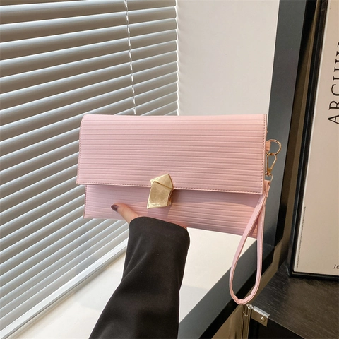 Pochette da Donna alla Moda in Pelle PU a Forma di Busta con Texture a Righe Orizzontali e Chiusura Dorata per Feste