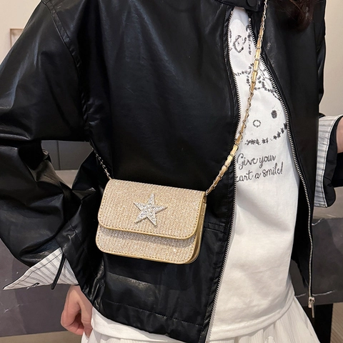 Fashion Star Rhombus Chain Shoulder Bag PU Leather Glitter Rhinestone Crossbody Bag Chic Party Dating Small Square Purse