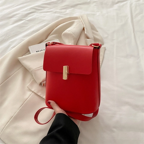 Minimalistische Dames PU Leer Verticale Vierkante Schoudertas Met Gouden Metalen Gesp Effen Kleur Crossbody Kleine Tas