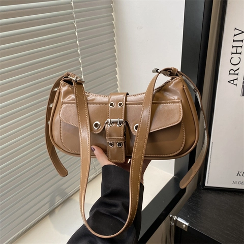 Bolso de Hombro de Cuero PU Retro para Mujer Y2K Punk Chic Bolso de Axila Con Hebilla de Metal Ojales Color Sólido