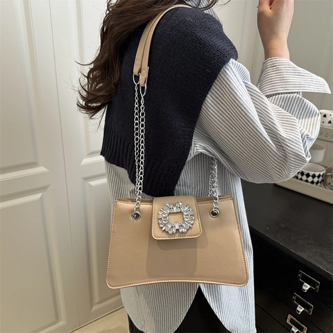 Women PU Leather Crossbody Bag With Rhinestone Buckle Fashion Square Shoulder Bag Chain Strap Elegant Daily Party Handbag