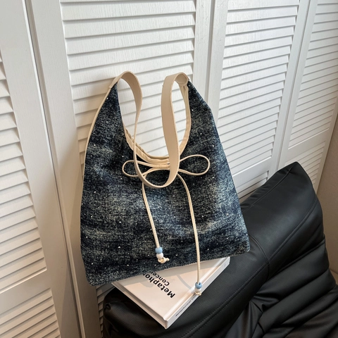 Borsa Tote in Denim Retrò da Donna Grande Capacità Borsa a Spalla Lavata Con Fiocco e Perline Borsa Casual Urbana Versatile