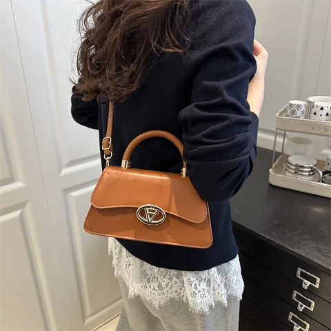 Women PU Leather Shoulder Bag Minimalist Flap Crossbody Handbag With Metal Lock Buckle Top Handle Commuter Small Square Fashion Bag