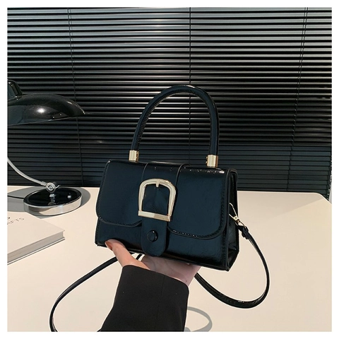 Borsa Quadrata Piccola in Pelle PU Retrò da Donna Borsa a Mano Lucida Elegante Fibbia in Metallo Borsa a Tracolla Quotidiana