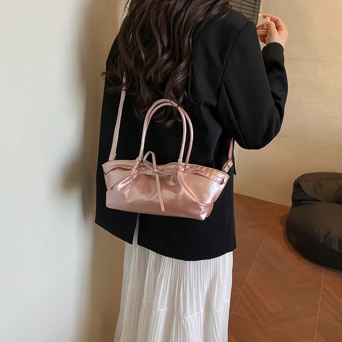 Large Capacity Women PU Leather Shoulder Bag With Bowknot Decor Stylish Pleated Handbag For Summer Daily Versatile Tote