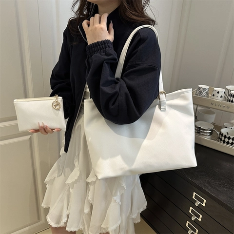 Large Capacity PU Leather Tote Bag 2 Piece Set For Women Vintage Minimalist Solid Color Shoulder Handbag With Small Pouch