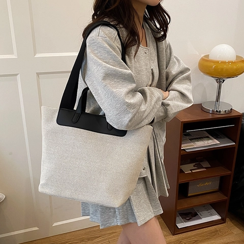 Women Fashion Straw Woven Tote Bag Splicing Artistic Large Capacity Casual Shoulder Bag Commute Handbag Zipper Soft Purse
