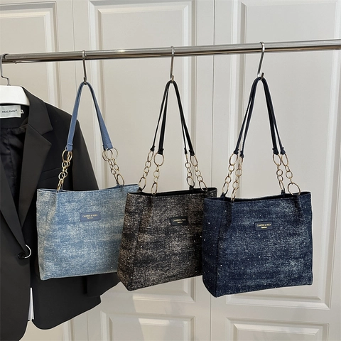 Bolso Tote de Cuero PU con Textura de Mezclilla Rétro para Mujer Bolso de Hombro de Gran Capacidad Cadena de Oro Strass